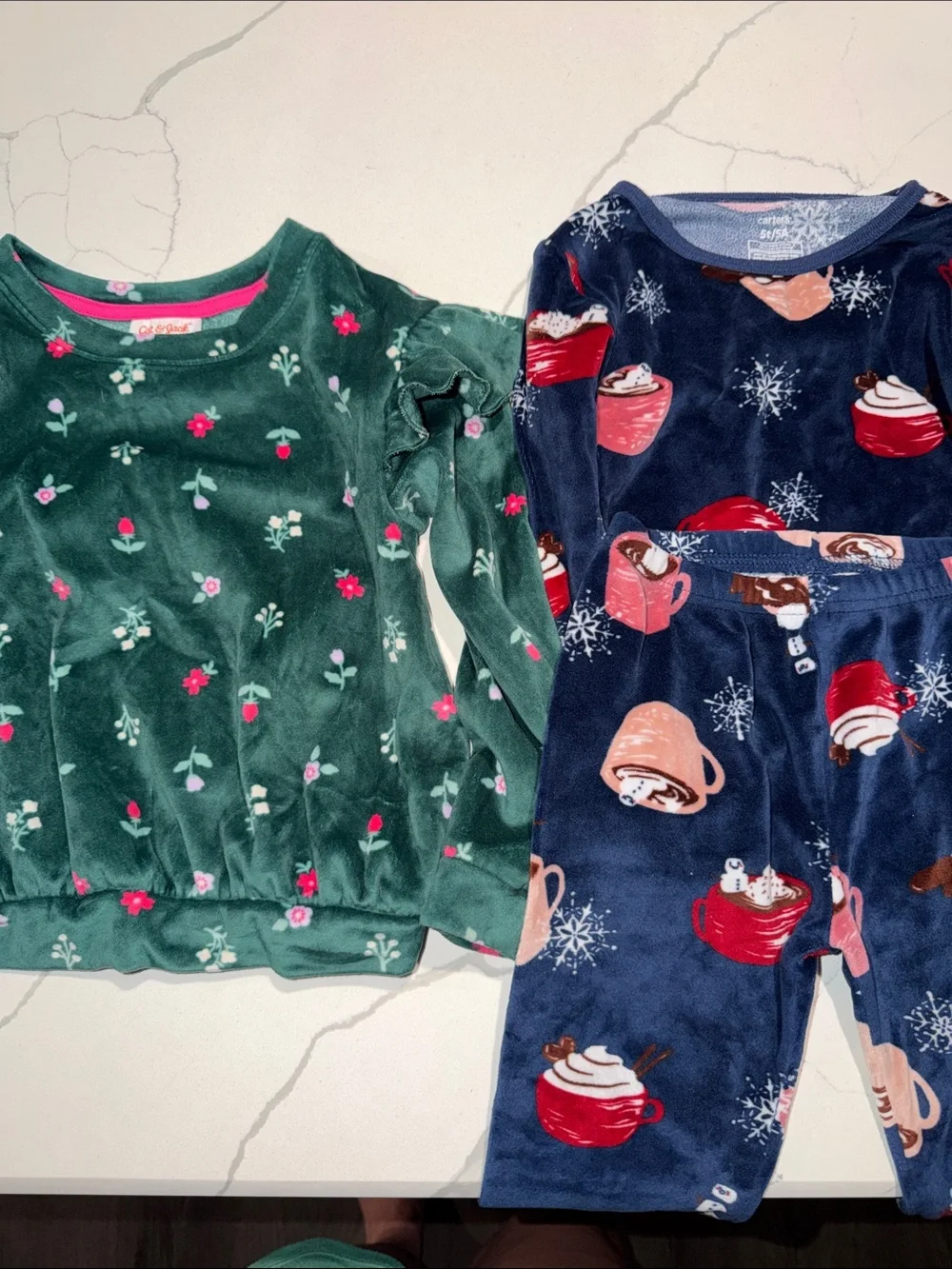 Cat and Jack Green Floral Velvet Top & Carters Navy Hot Cocoa Print Pajama Set